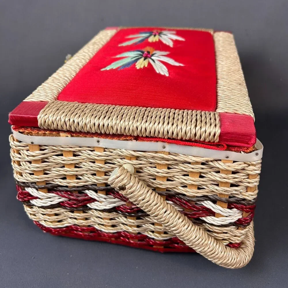 Charming Vintage Cream + Red Wicker Sewing Box 11